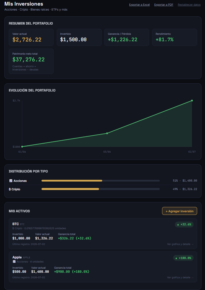 Captura del módulo de Inversiones en la app Bitácora